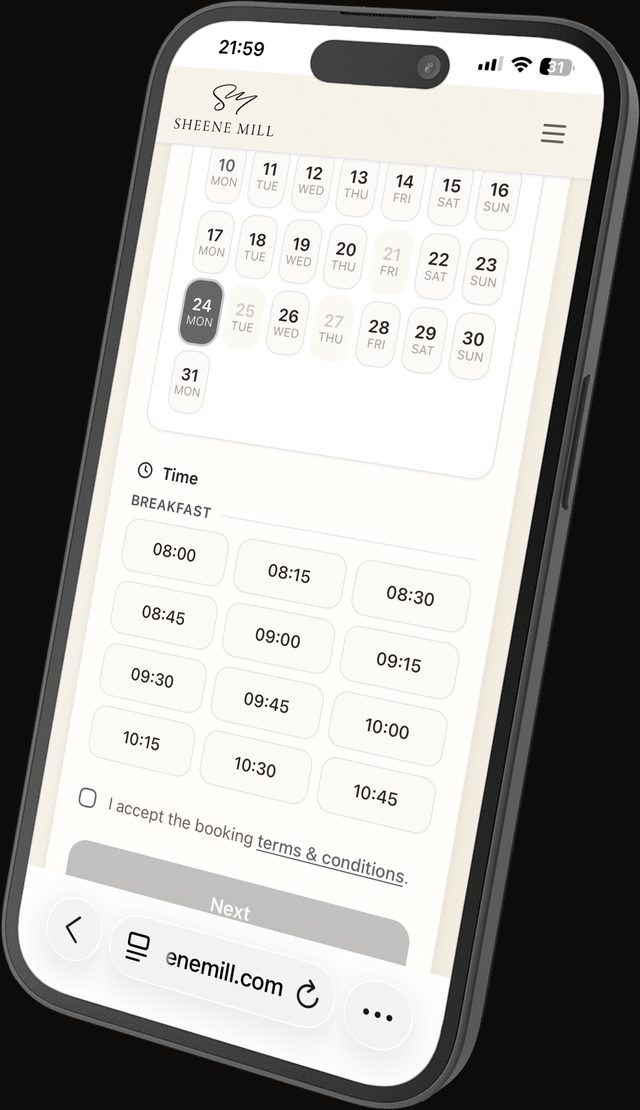A guest booking a table on a Table 7 Pro restaurant website, choosing a date and a breakfast time on a phone.